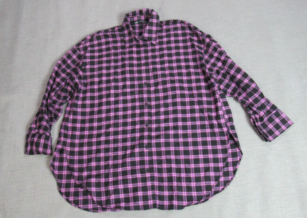 Zara Top Womens Small Pink Black Plaid Flannel Oversized Button Down Shirt Ranch